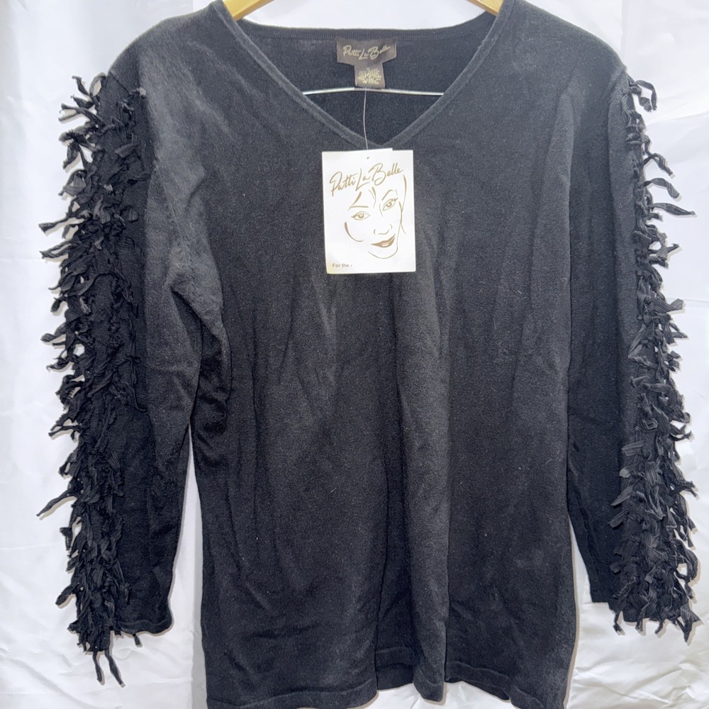 patti la belle vintage light weight black sweater with fringe new size small